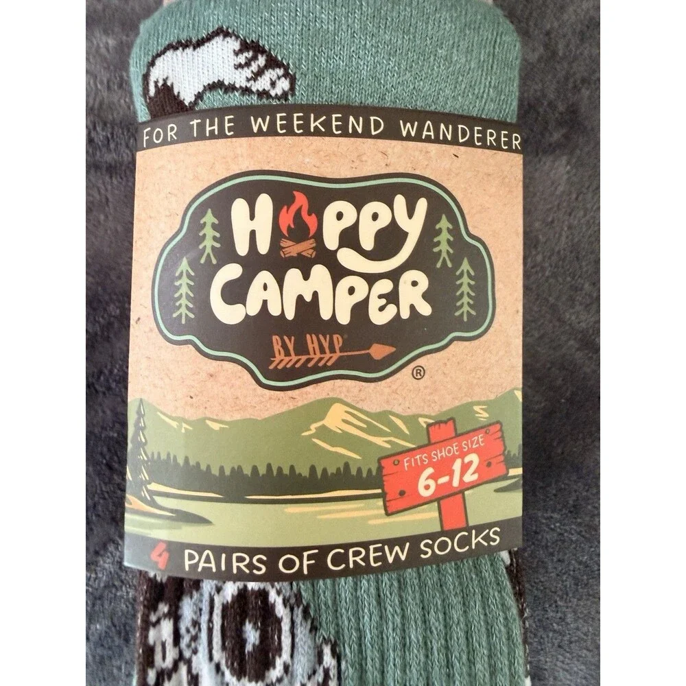 Happy Camper 4 Pair Bigfoot Theme Camping Theme Mens Novelty Crew Socks NWT 6-12